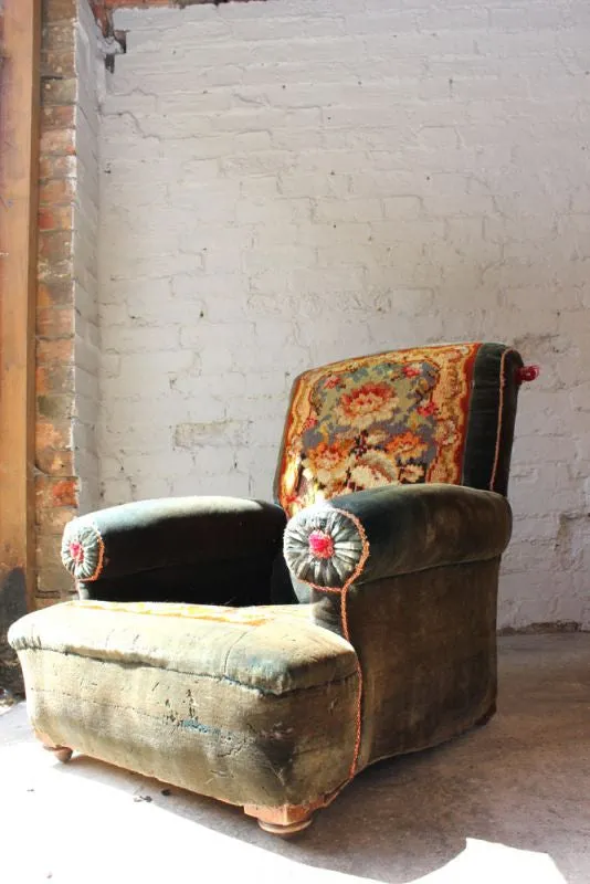 A Comfortable Early 20thC Carpet Upholstered Armchair