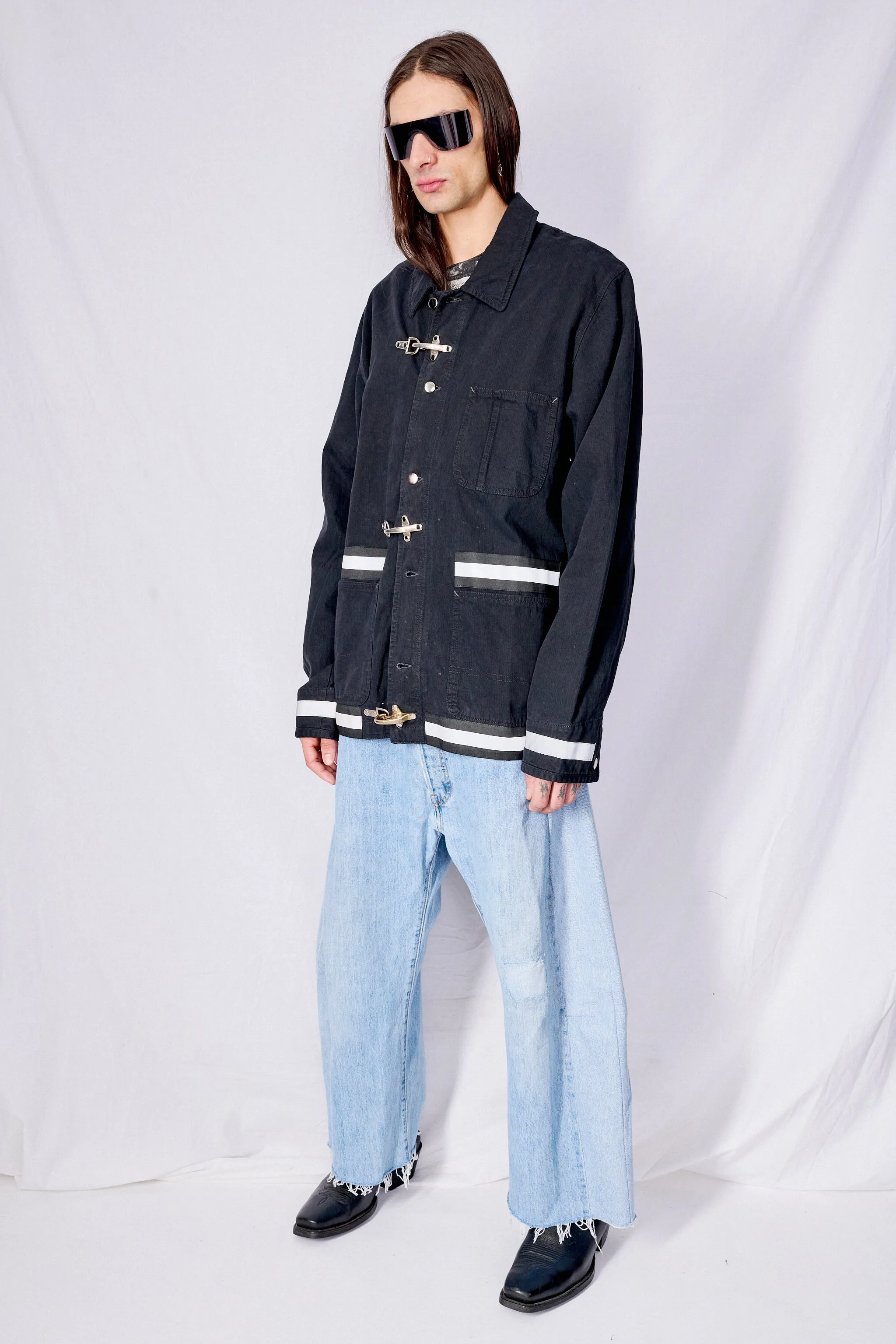 Black Railroad Denim Reflector Fireman Field Coat