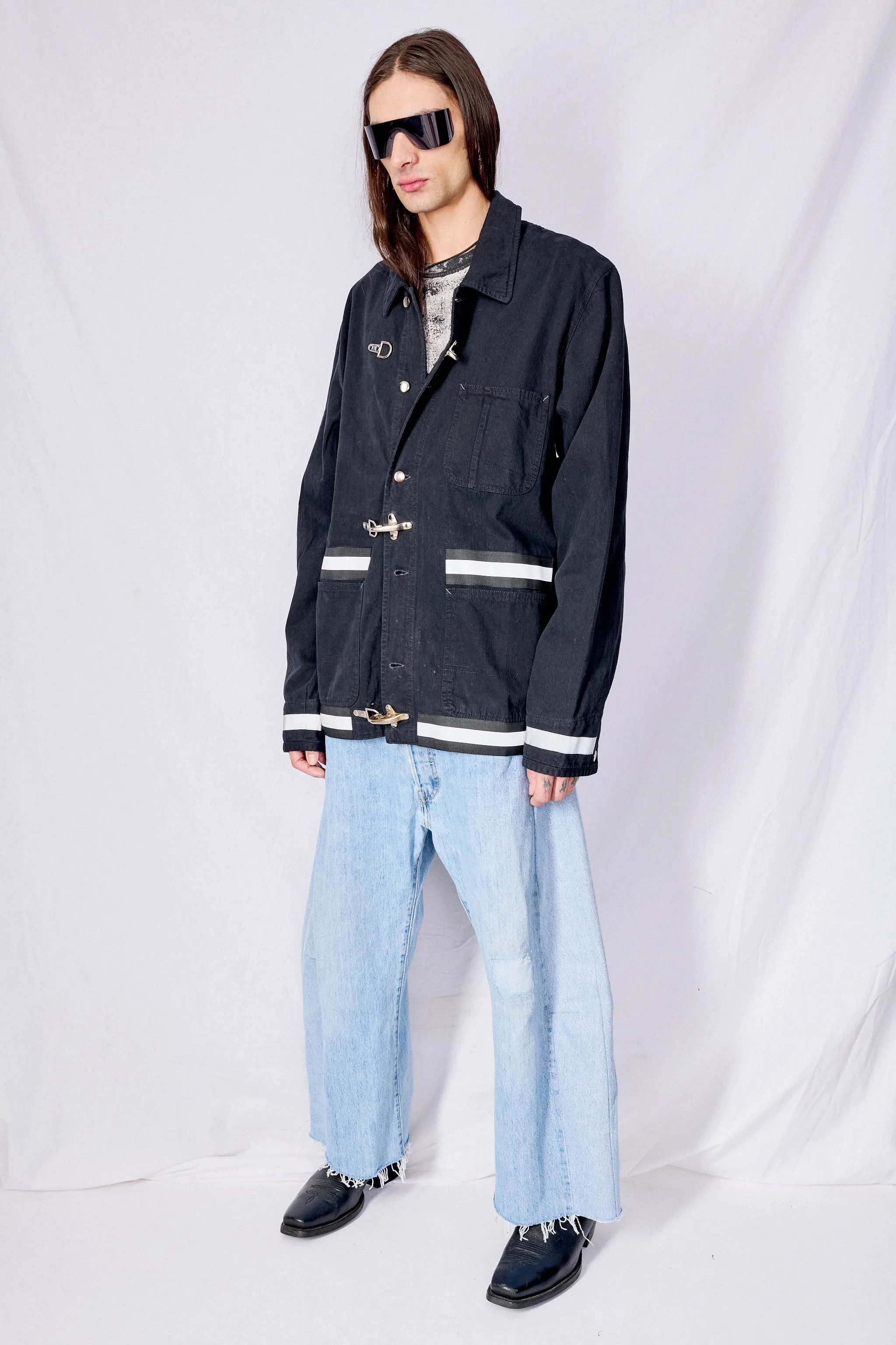 Black Railroad Denim Reflector Fireman Field Coat