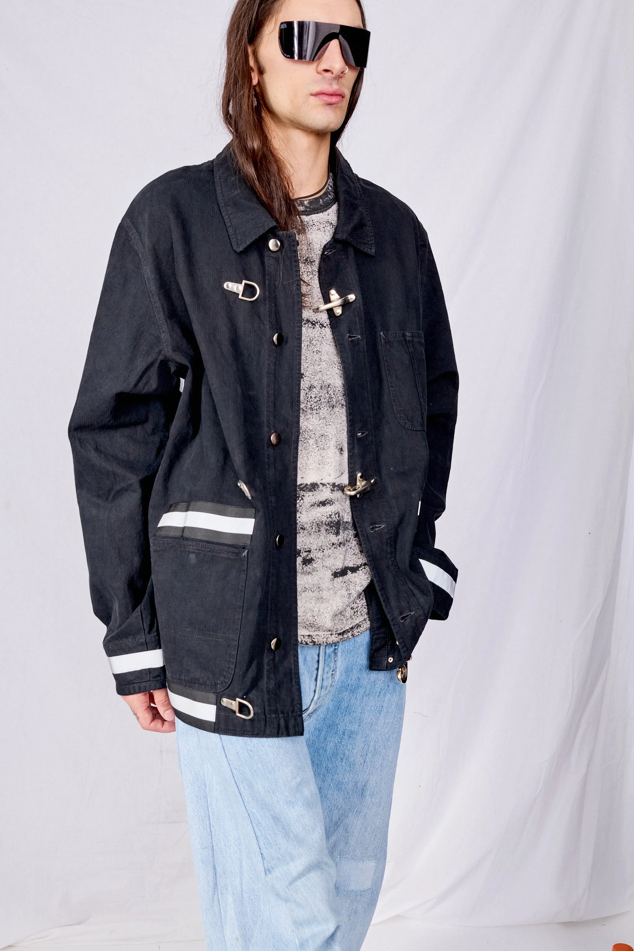 Black Railroad Denim Reflector Fireman Field Coat