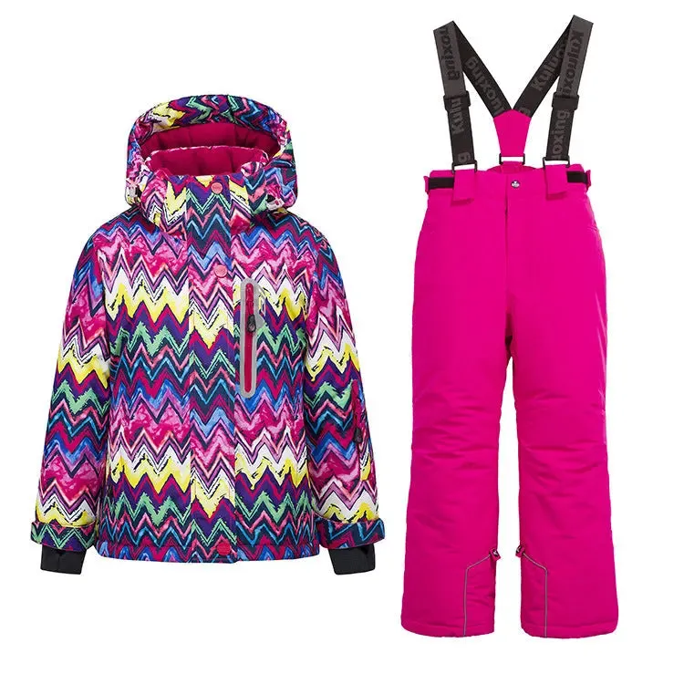 Girls Thicken Warm Snowsuit Hooded Ski Jacket Pants 2 Pcs Set