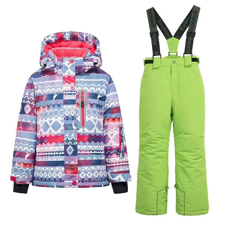 Girls Thicken Warm Snowsuit Hooded Ski Jacket Pants 2 Pcs Set