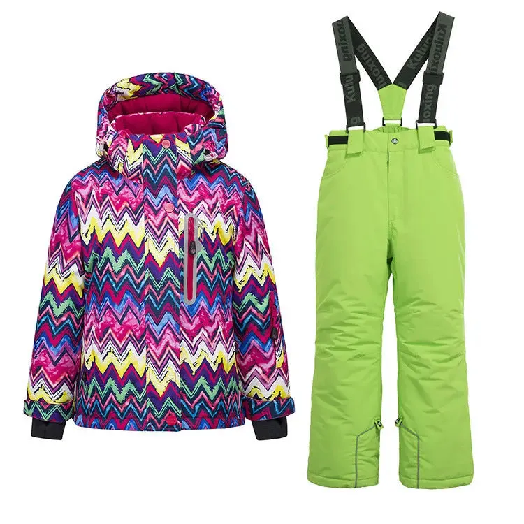 Girls Thicken Warm Snowsuit Hooded Ski Jacket Pants 2 Pcs Set