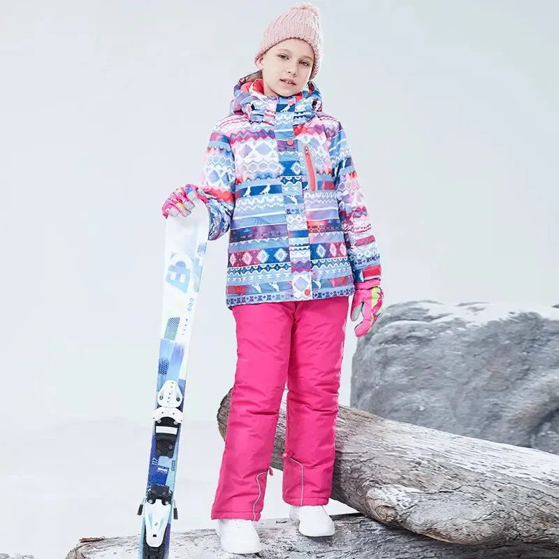 Girls Thicken Warm Snowsuit Hooded Ski Jacket Pants 2 Pcs Set