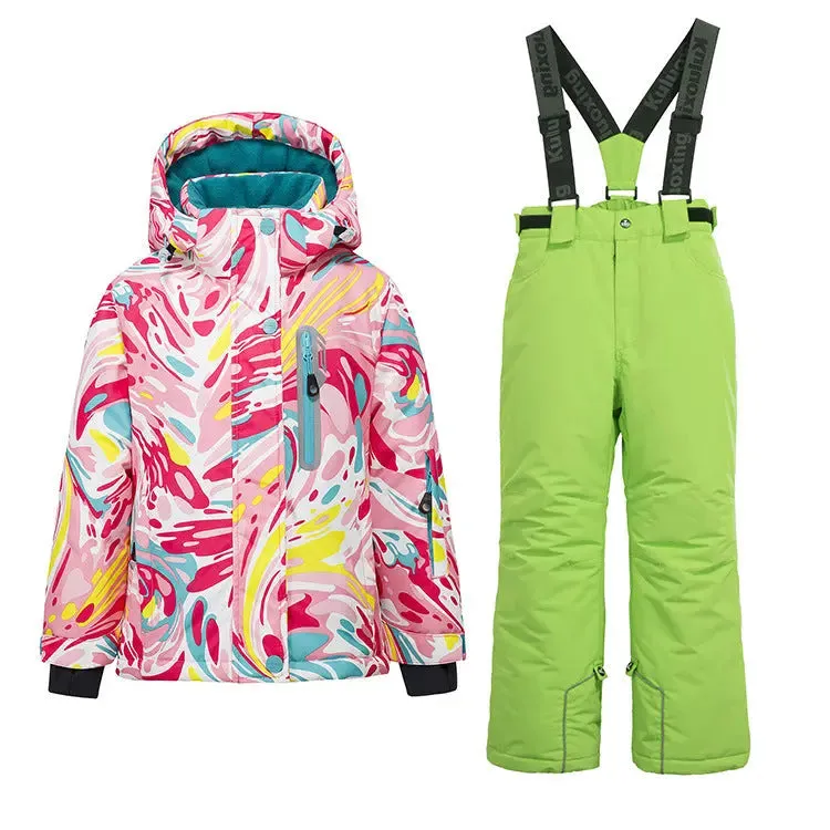 Girls Thicken Warm Snowsuit Hooded Ski Jacket Pants 2 Pcs Set