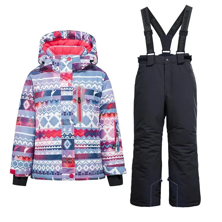 Girls Thicken Warm Snowsuit Hooded Ski Jacket Pants 2 Pcs Set