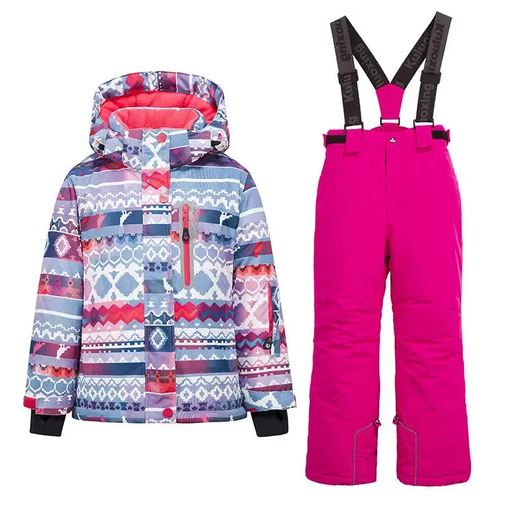 Girls Thicken Warm Snowsuit Hooded Ski Jacket Pants 2 Pcs Set