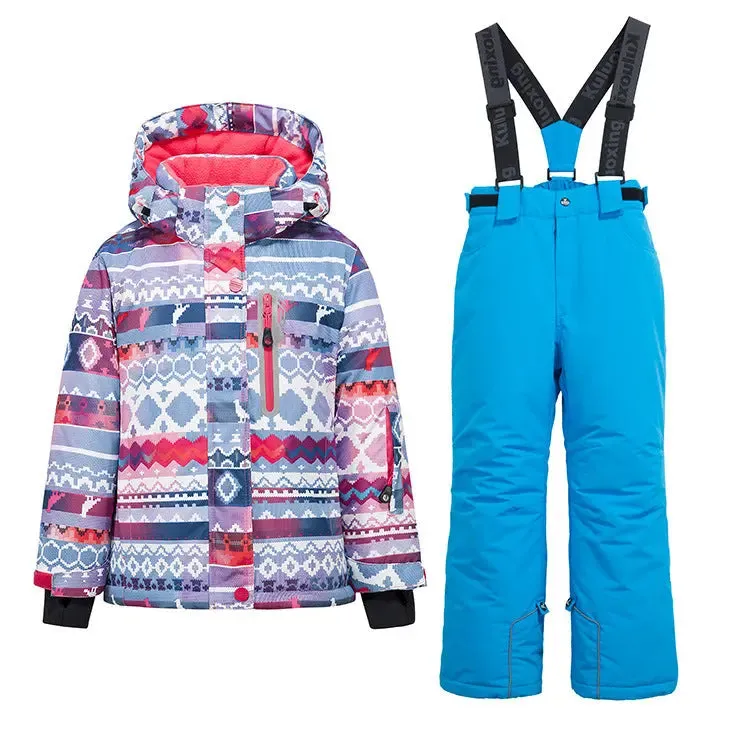 Girls Thicken Warm Snowsuit Hooded Ski Jacket Pants 2 Pcs Set