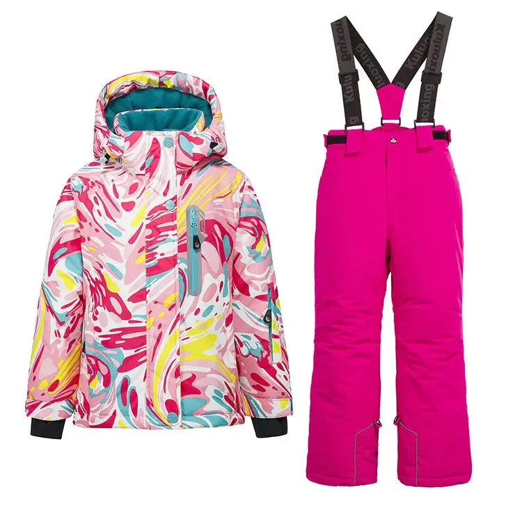 Girls Thicken Warm Snowsuit Hooded Ski Jacket Pants 2 Pcs Set