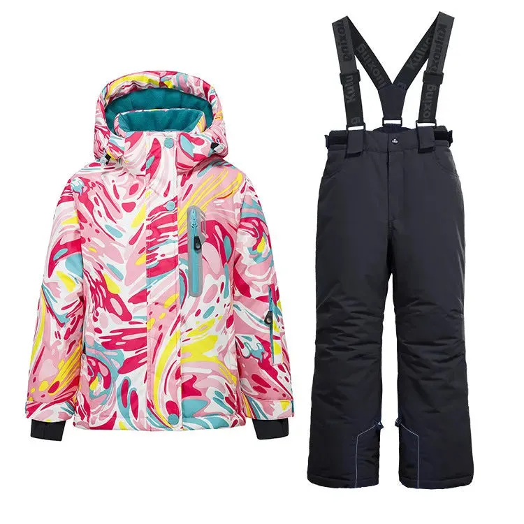 Girls Thicken Warm Snowsuit Hooded Ski Jacket Pants 2 Pcs Set