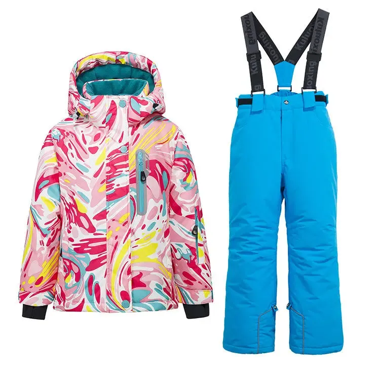 Girls Thicken Warm Snowsuit Hooded Ski Jacket Pants 2 Pcs Set