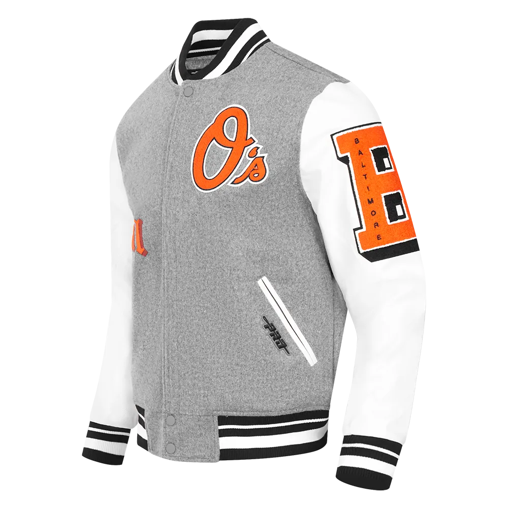 MLB BALTIMORE ORIOLES CLASSIC OLD ENGLISH MEN'S RIB WOOL VARSITY JACKE (HEATHER GREY/WHITE/BLACK)