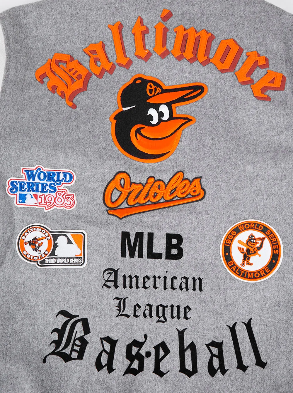 MLB BALTIMORE ORIOLES CLASSIC OLD ENGLISH MEN'S RIB WOOL VARSITY JACKE (HEATHER GREY/WHITE/BLACK)