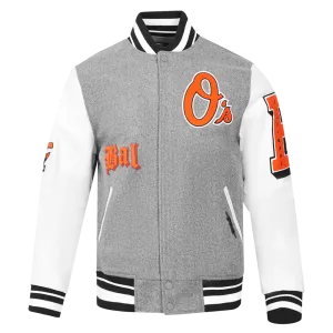 MLB BALTIMORE ORIOLES CLASSIC OLD ENGLISH MEN'S RIB WOOL VARSITY JACKE (HEATHER GREY/WHITE/BLACK)