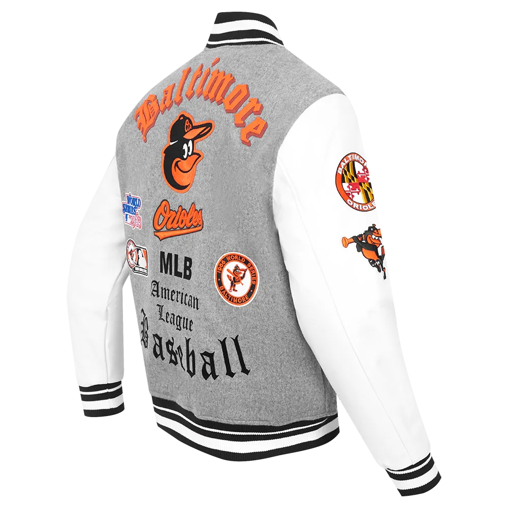 MLB BALTIMORE ORIOLES CLASSIC OLD ENGLISH MEN'S RIB WOOL VARSITY JACKE (HEATHER GREY/WHITE/BLACK)