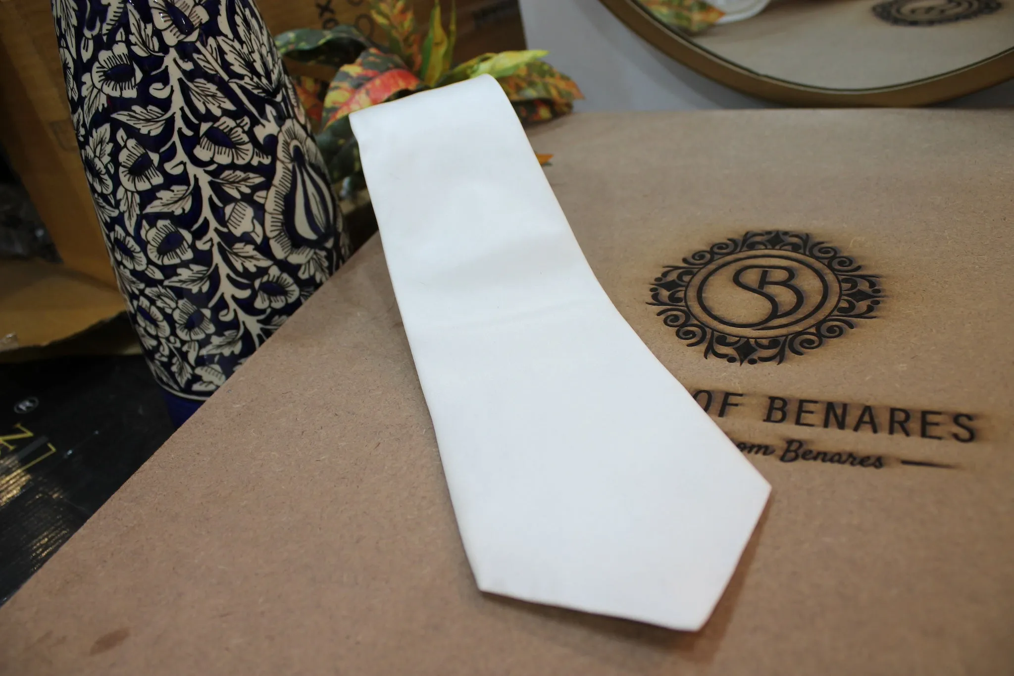 Pure Banarasi Satin Silk Neck Tie in Plain White