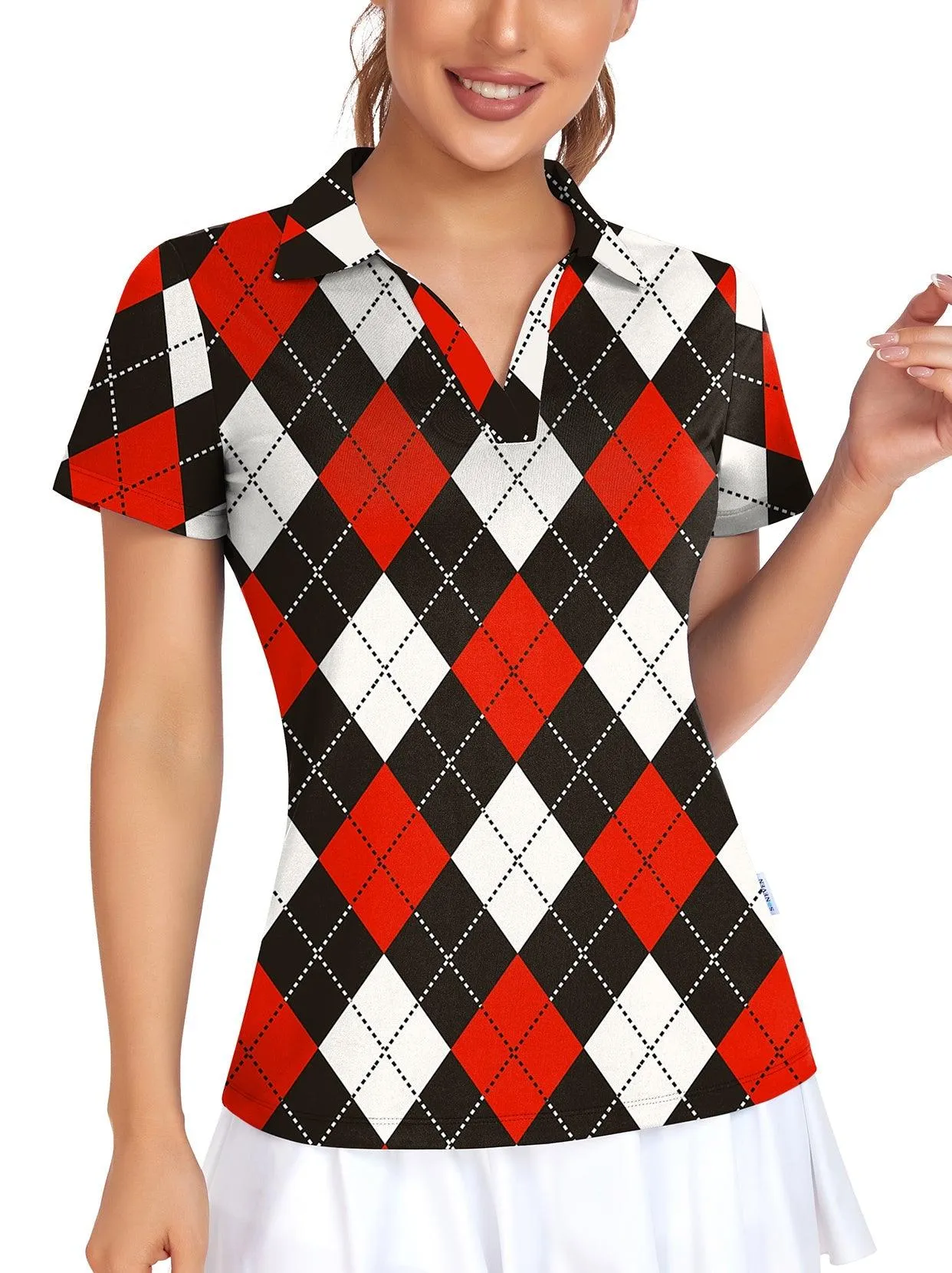 Red & Black Checkerboard V-neck Short-sleeve Golf Polo for Women