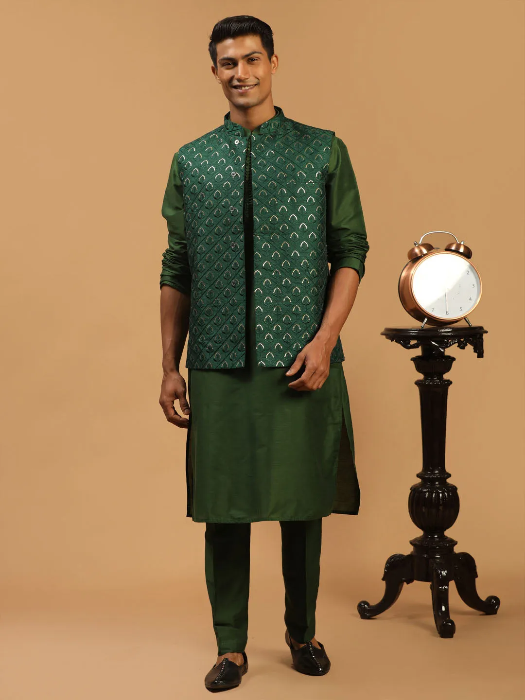 Vastramay Green Embellished Jacket and Kurta Set